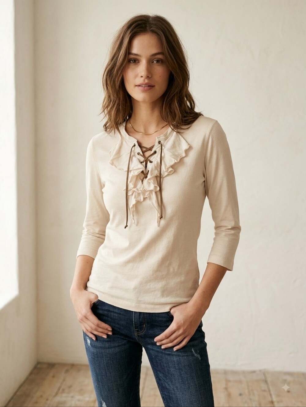 Lauren Jeans Co. Ralph Lauren Ruffle Lace-Up Henley Top